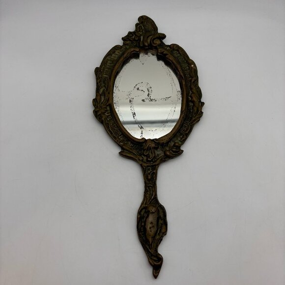 Vintage Brass Oval Hand Held Antique Style Vanity Collectible Mirror - Picture 1 of 16